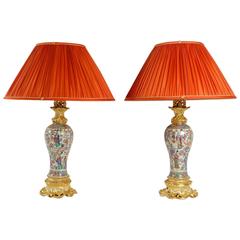 Pair of Chinese Canton Porcelain Lamps with Original Gilding, 1880
