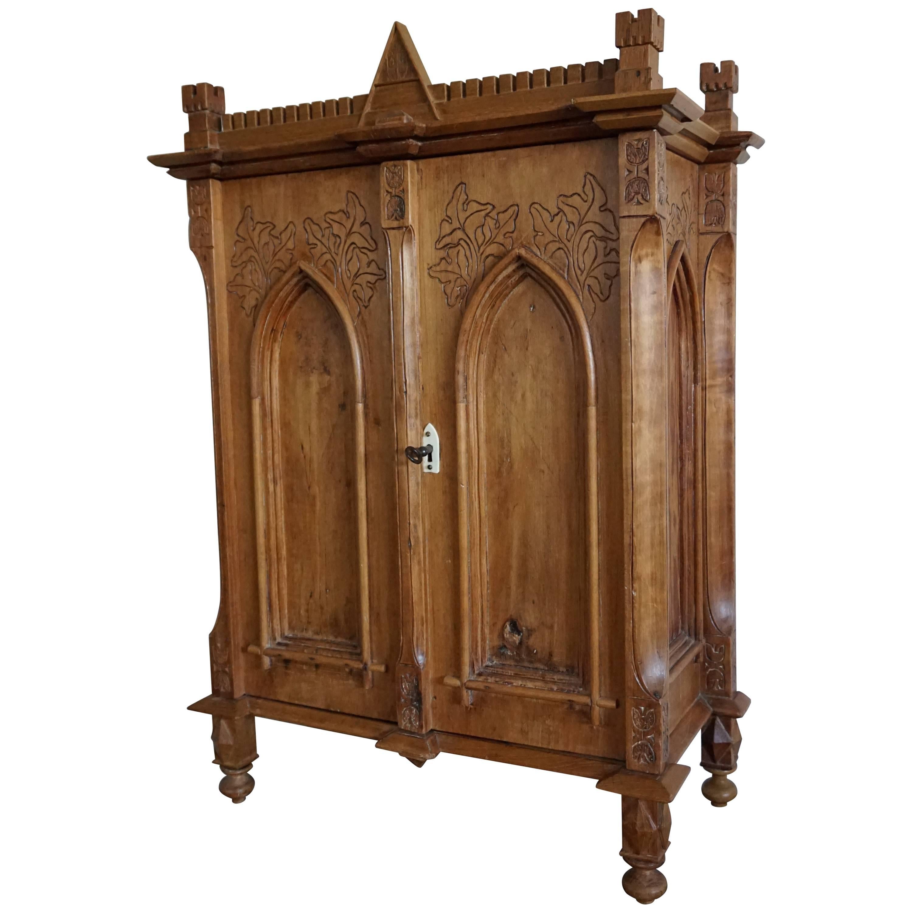 Antique Gothic Revival Hand-Carved Castle Shape Miniature Cabinet