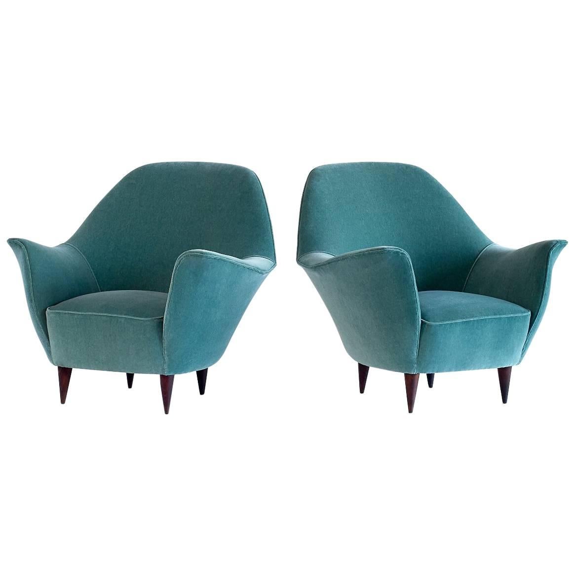 Pair of Ico Parisi Armchairs in Green Dedar Velvet
