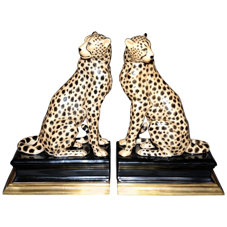 Cheetah Bookends Set of Two in Porcelain with Brass Base at