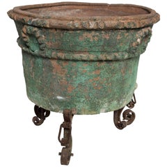 Large Painted Terra Cotta Planter with a Wrought Iron Stand