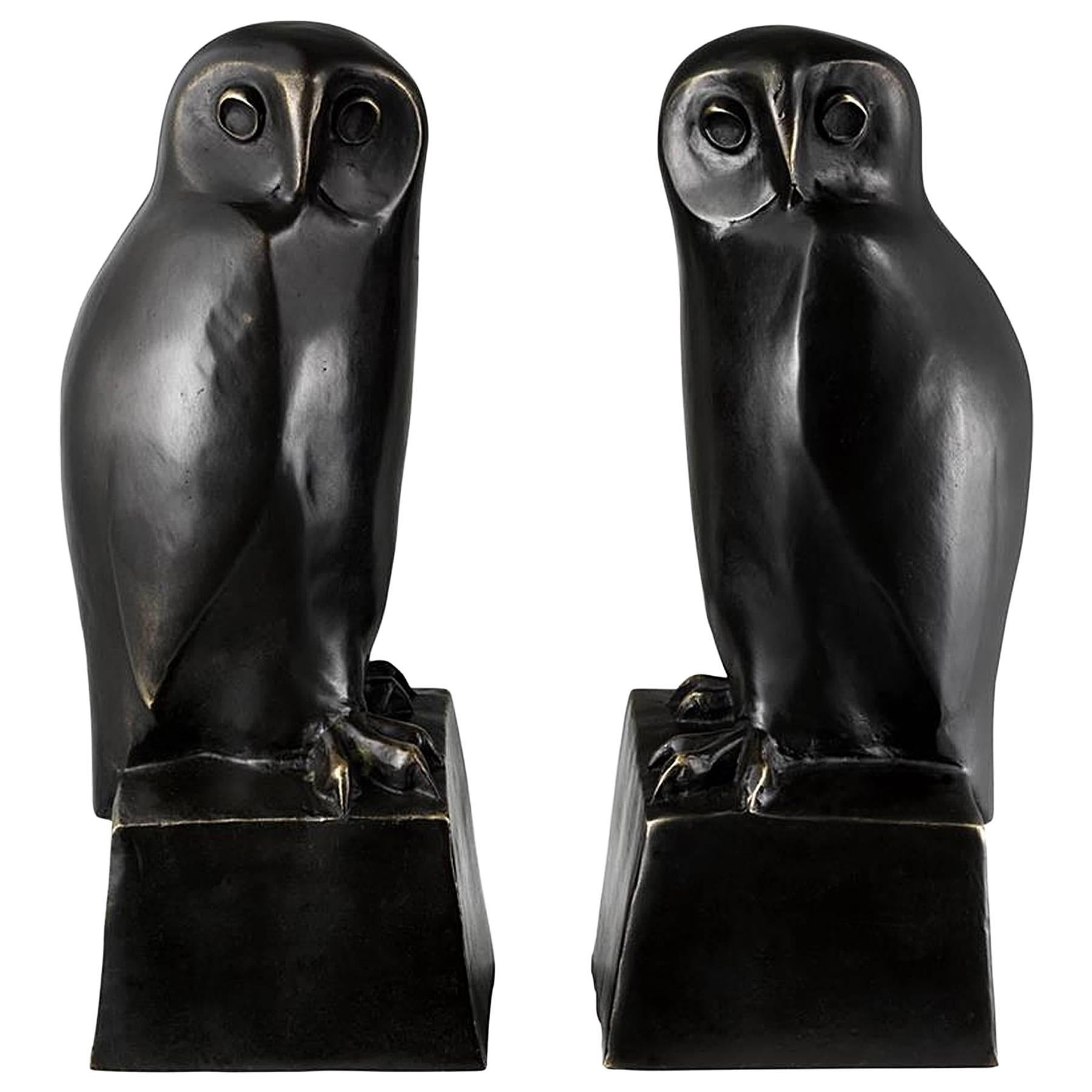 Owl Set of Two Book End in Solid Bronze Patina