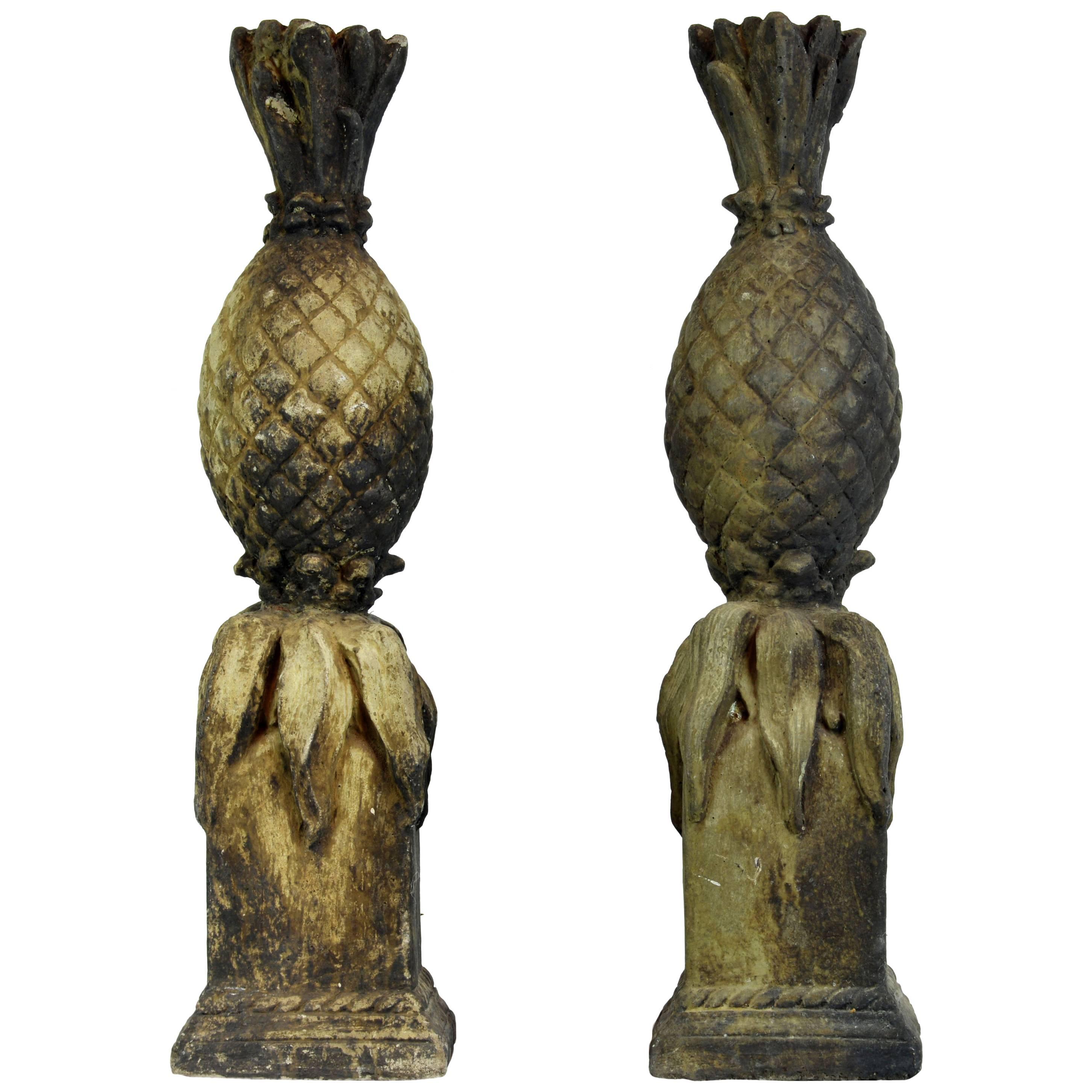 Pair of 19th Century Weathered Cast Stone Figures of Pineapples on Square Bases
