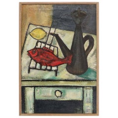 Vintage Pedro Quetglas “Xam”, Still-Life with Red Fish, Oil on Burlap, Signed