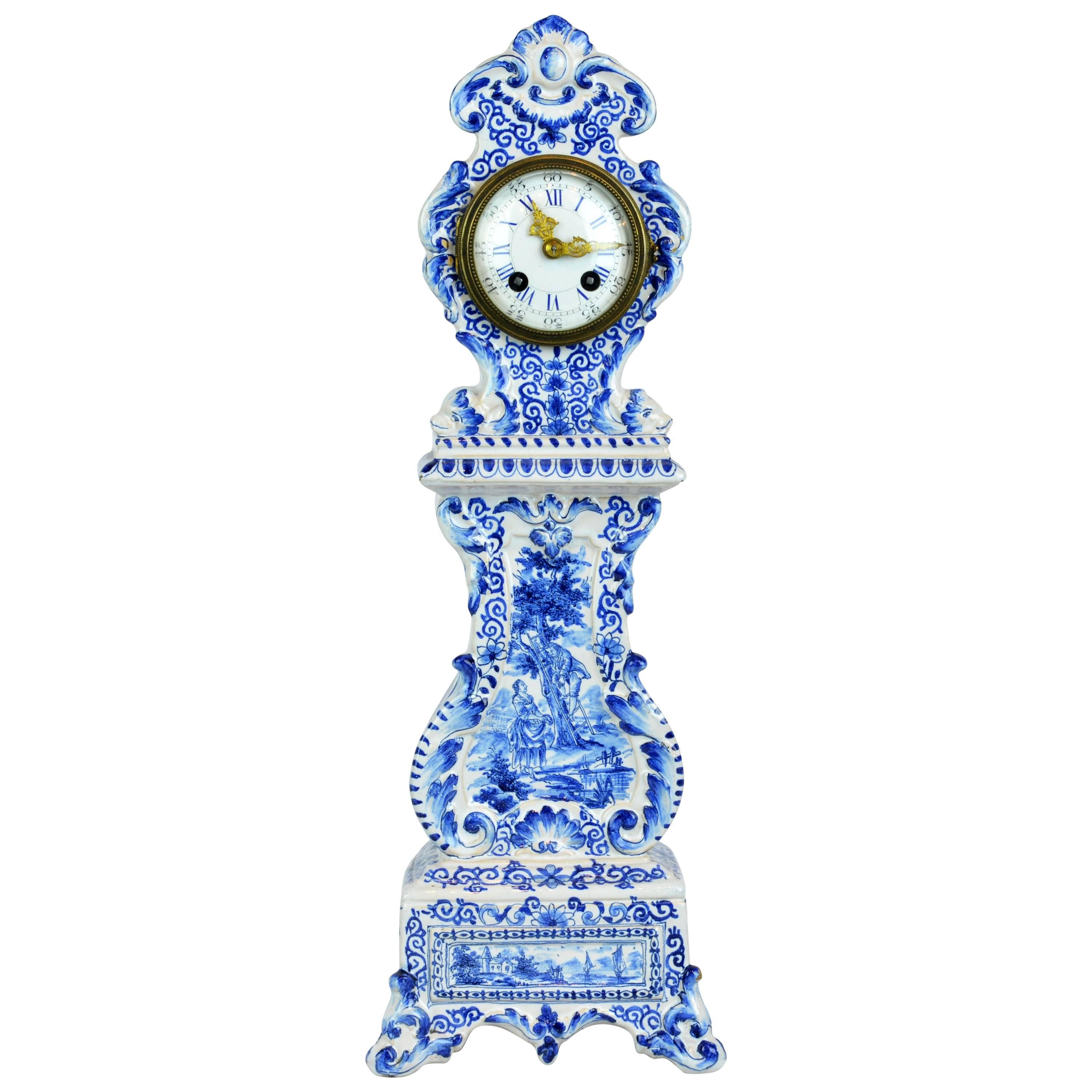 Charming 19th Century Delft Style Miniature Blue and White Porcelain Tall Clock