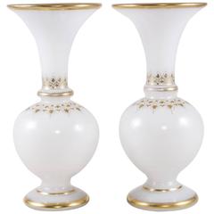 Early 20th Century Antique Pair of French Opaline Vases Hand-Painted Gilt Decor