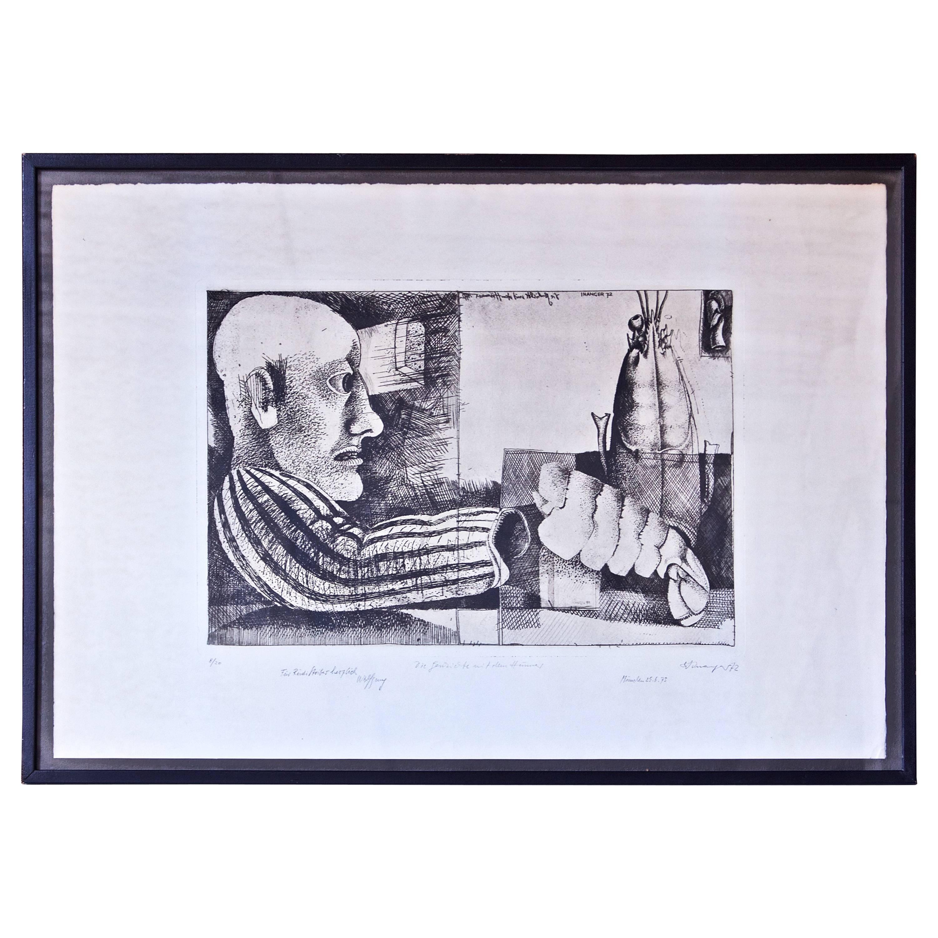 "Man with Lobster" Framed Intaglio Etching by Inanger, Munich, 1973 For Sale