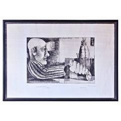 "Man with Lobster" Framed Intaglio Etching by Inanger, Munich, 1973 10