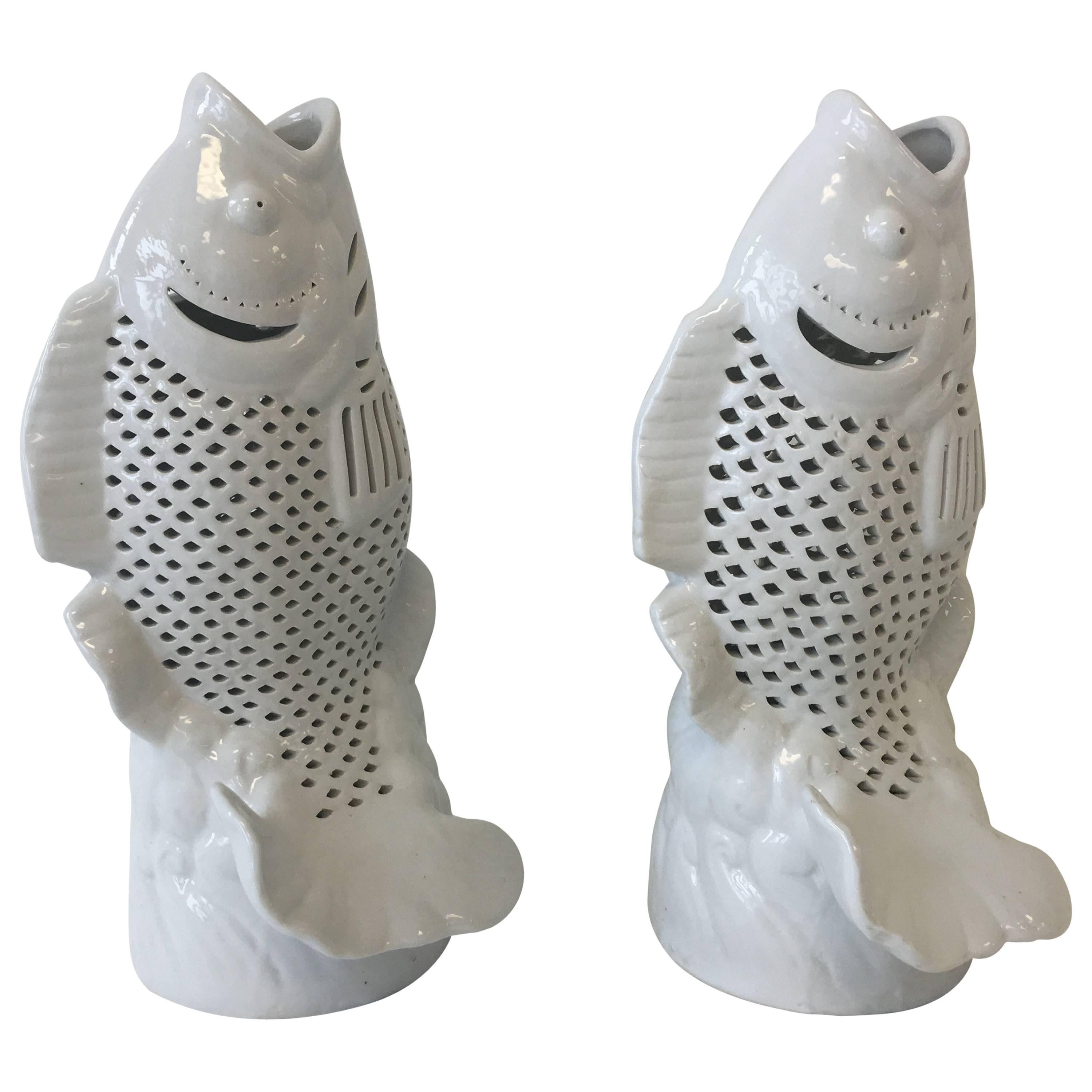 1960s Blanc de Chine Koi Carp Fish Sculptural Vases, Pair For Sale