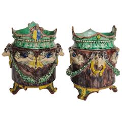 Pair of Antique French Majolica Cache Pots, Rams & Cherubs