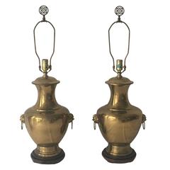 Large Brass Asian Urn Lamps with Foo Dog Accents, Pair