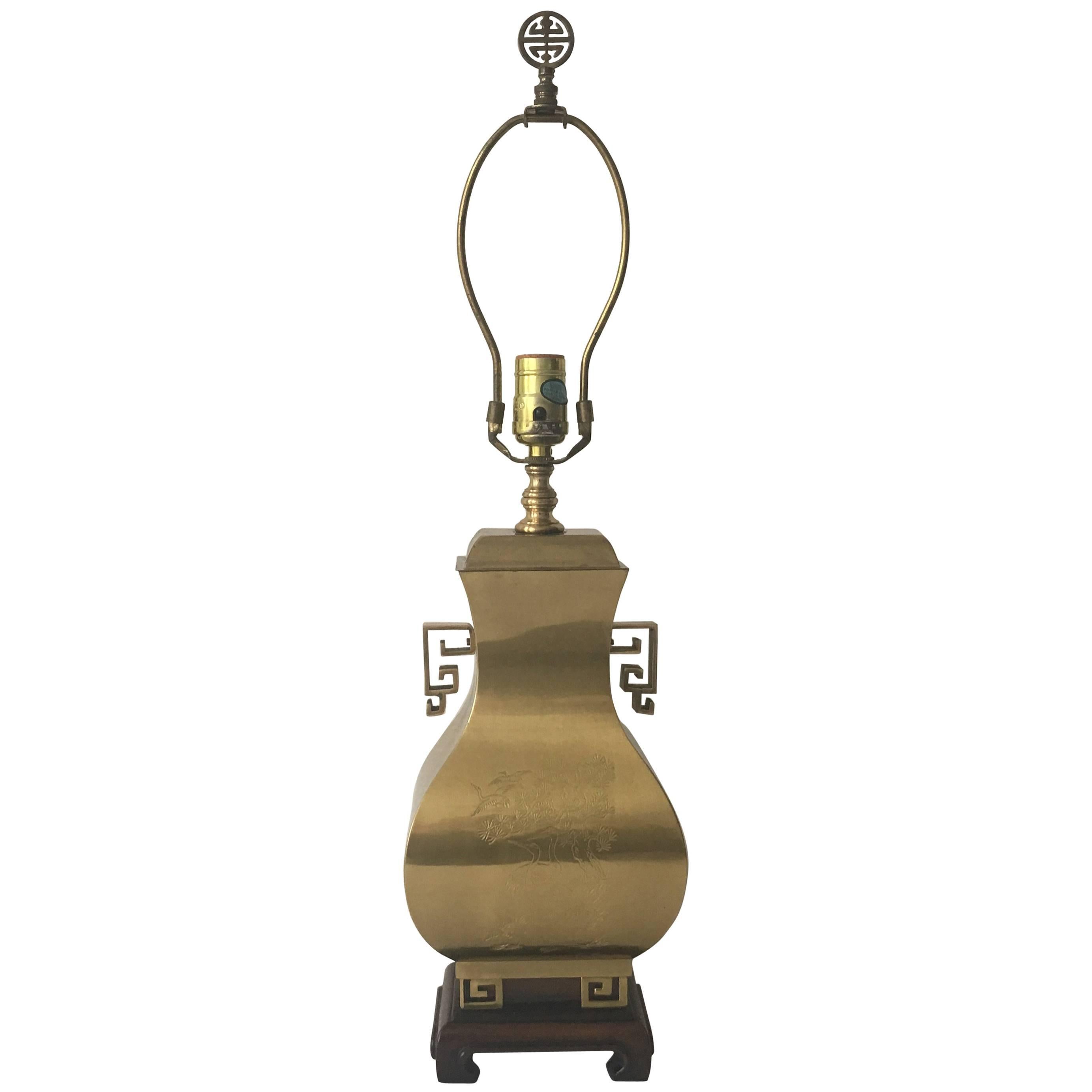 1970s Brass Asian Urn Lamp with Greek Key Detailing For Sale