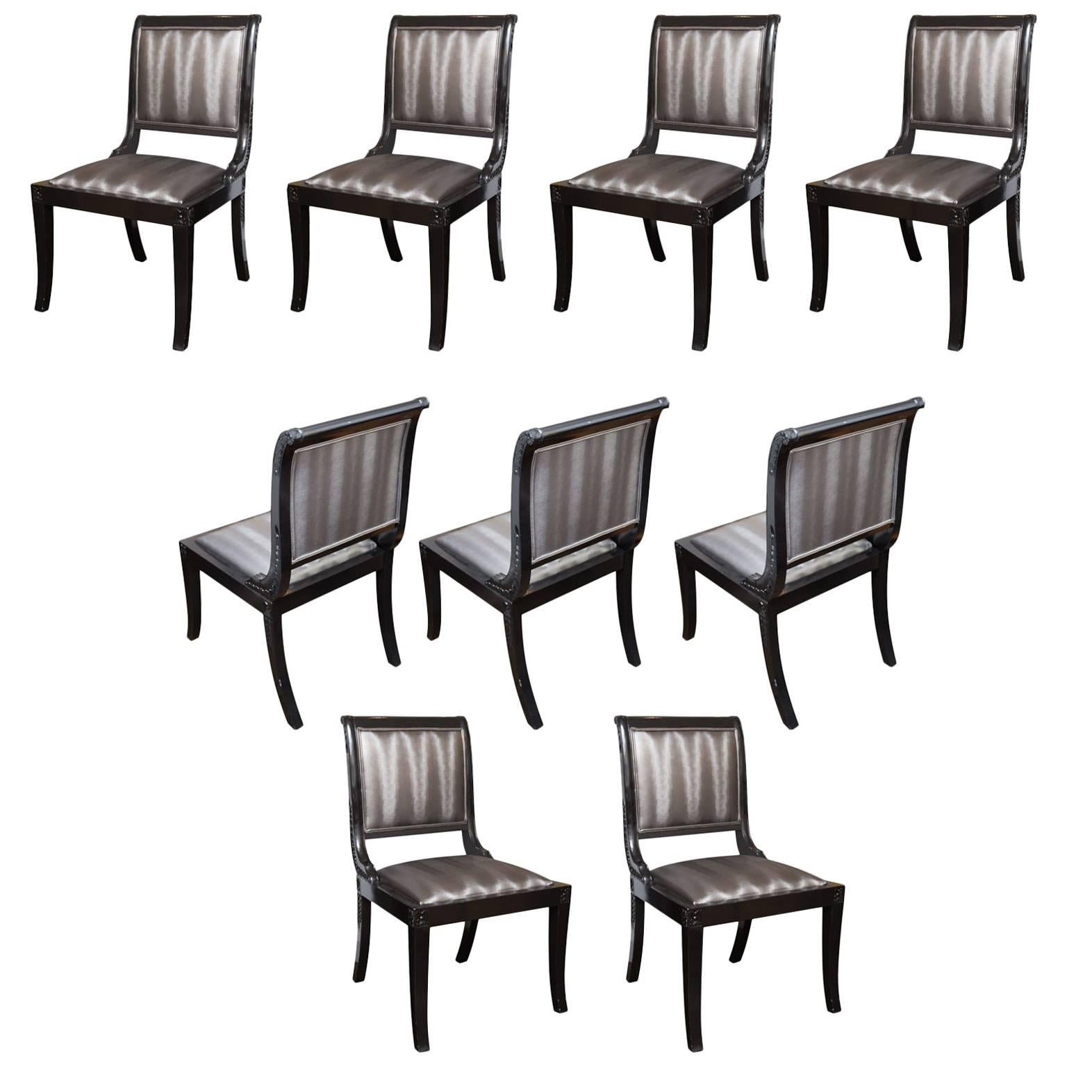Set of Nine Sleigh Back Regency Dining Chairs Upholstered in Kravet Fabric For Sale