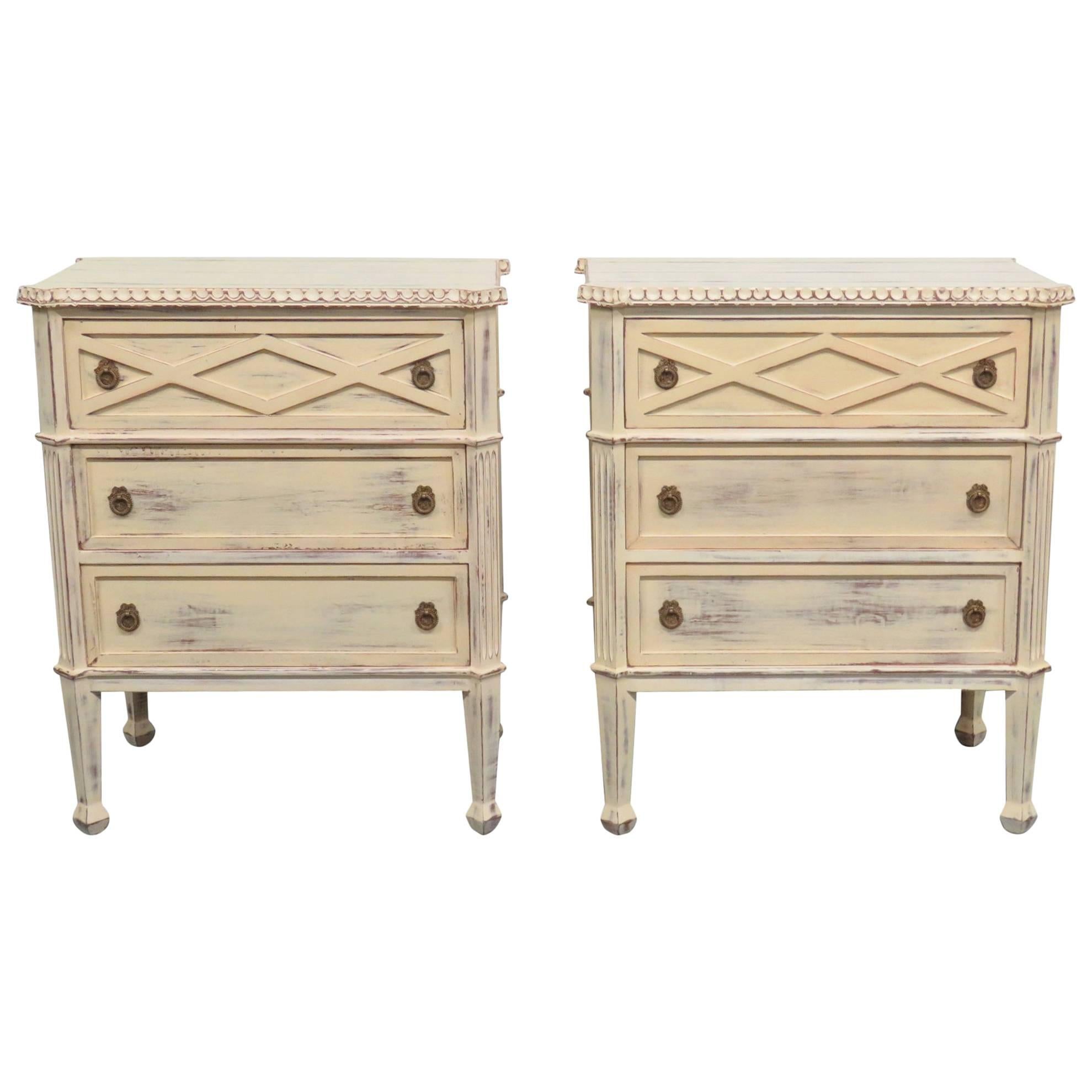 Pair Louis XVI Style Distressed Cream Painted Three-Drawer Chests