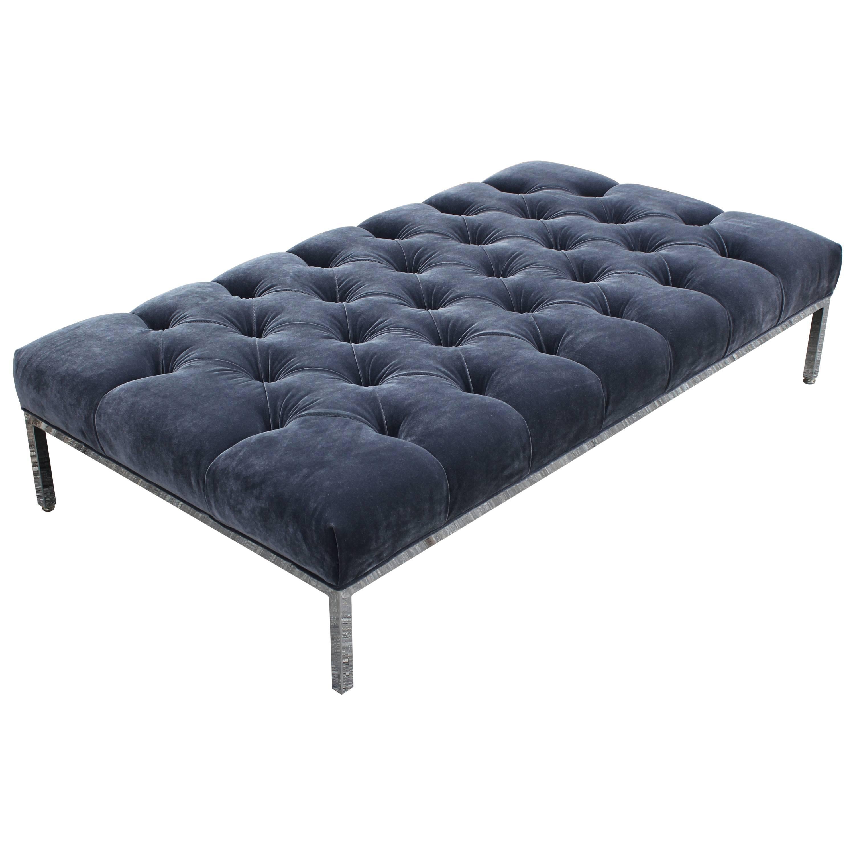 Modern Deeply Tufted Grey Velvet Ottoman Bench / Coffee Table with Chrome Base