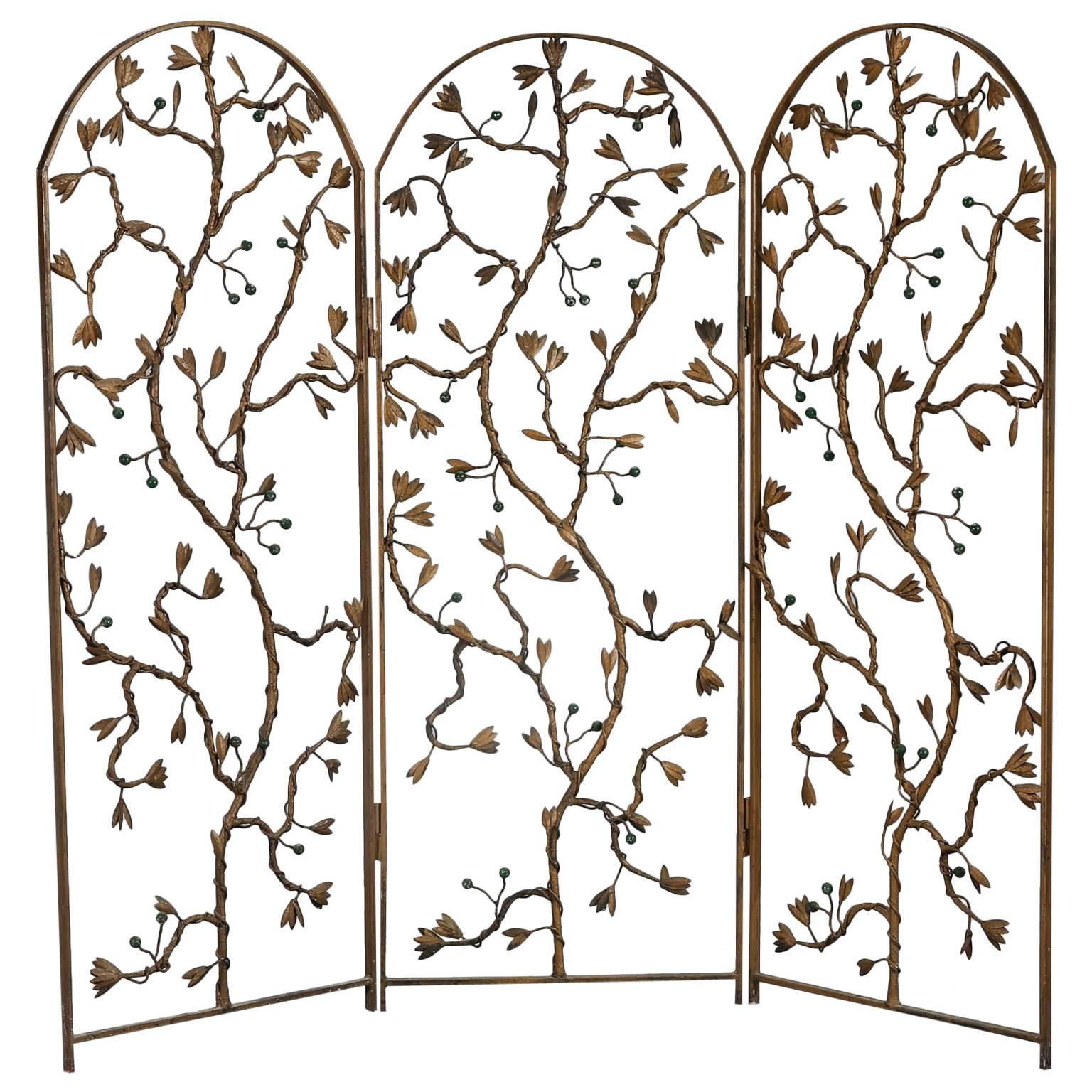 Gilt Metal Three-Panel Floor Screen with Vine and Berry Motif