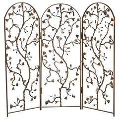 Gilt Metal Three-Panel Floor Screen with Vine and Berry Motif