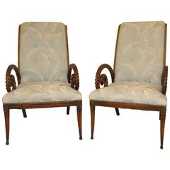 Pair of Hollywood Regency Style Ram Horn Scroll Armchairs