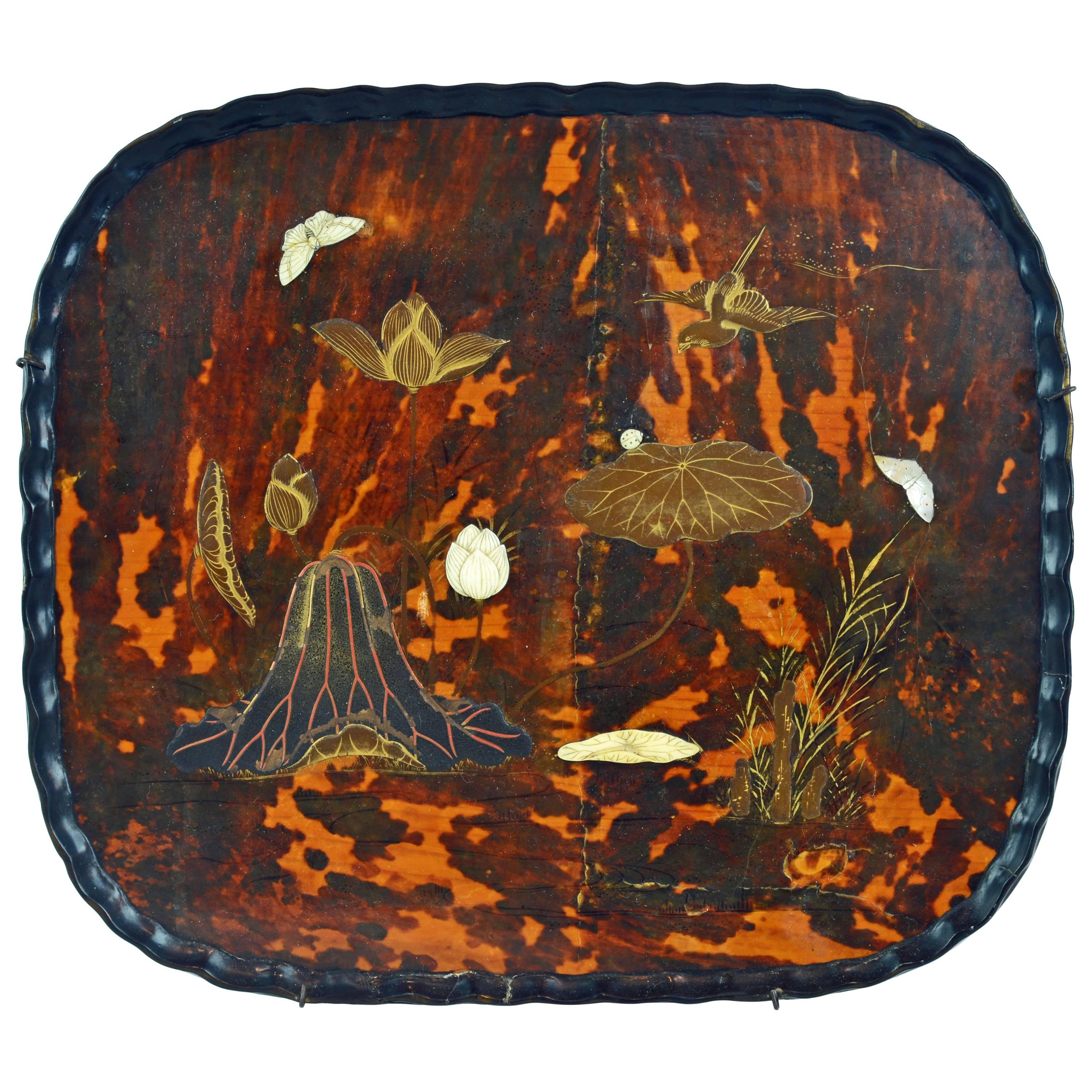 Rare 19th Century Japanese Inlaid Lacquer and Tortoise Shell Tea Tray