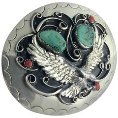 Vintage American Navajo Sterling Turquoise & Coral Thunderbird Belt Buckle, Sign 3