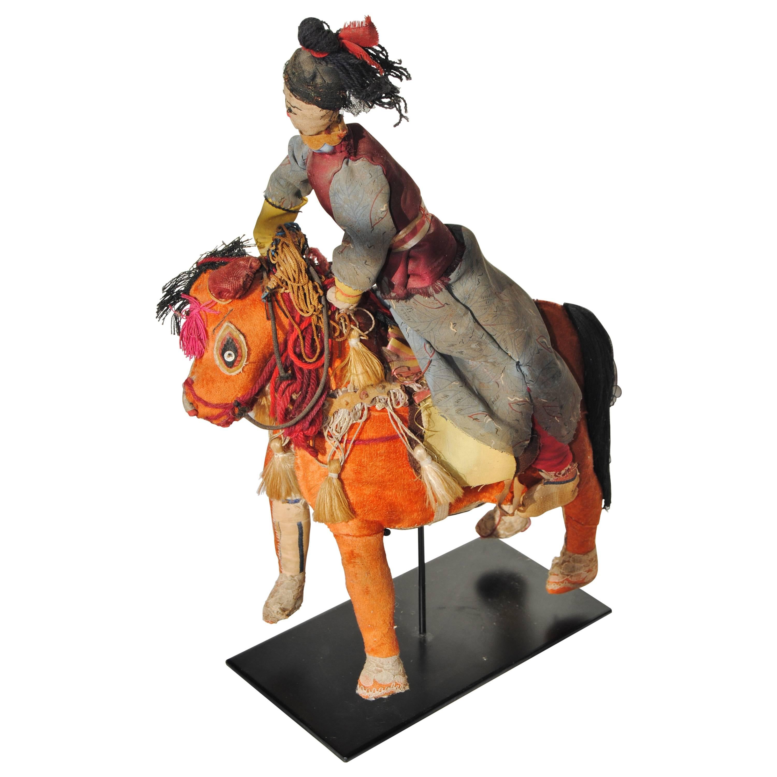 Chinese Folk Art Woman with Horse, Handcrafted from Assorted Trims and Textiles For Sale