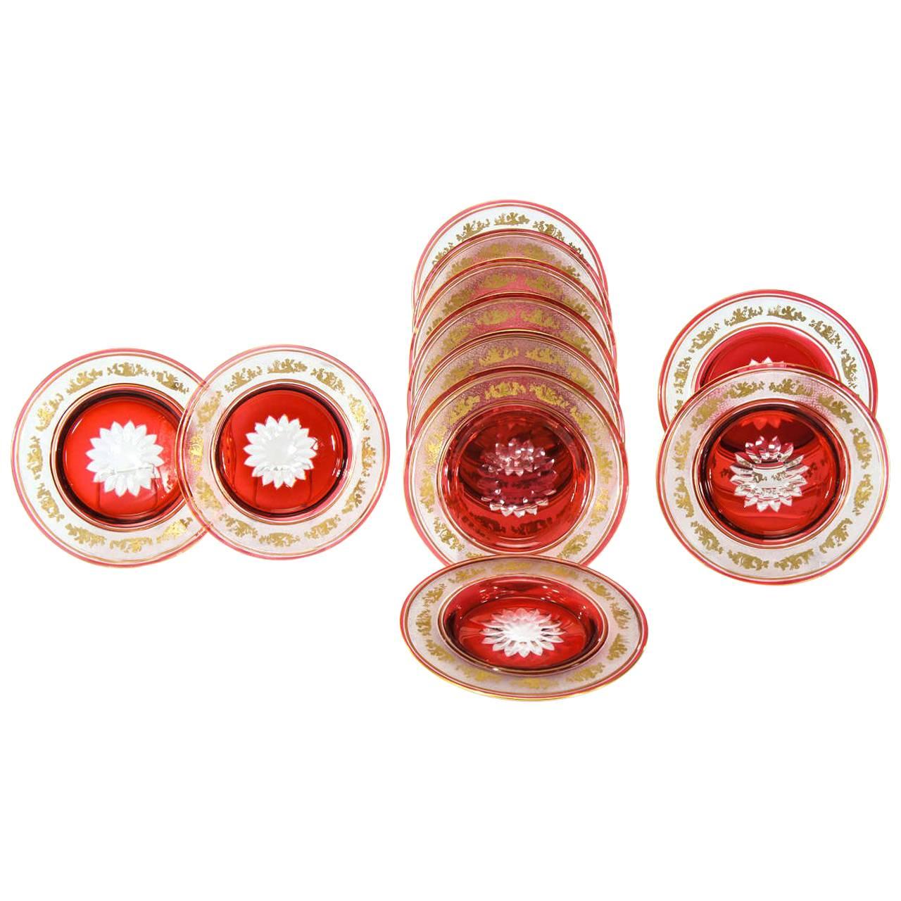 Set of 12 Val St. Lambert Danse De Flore Cranberry Overlay Dessert Plates For Sale