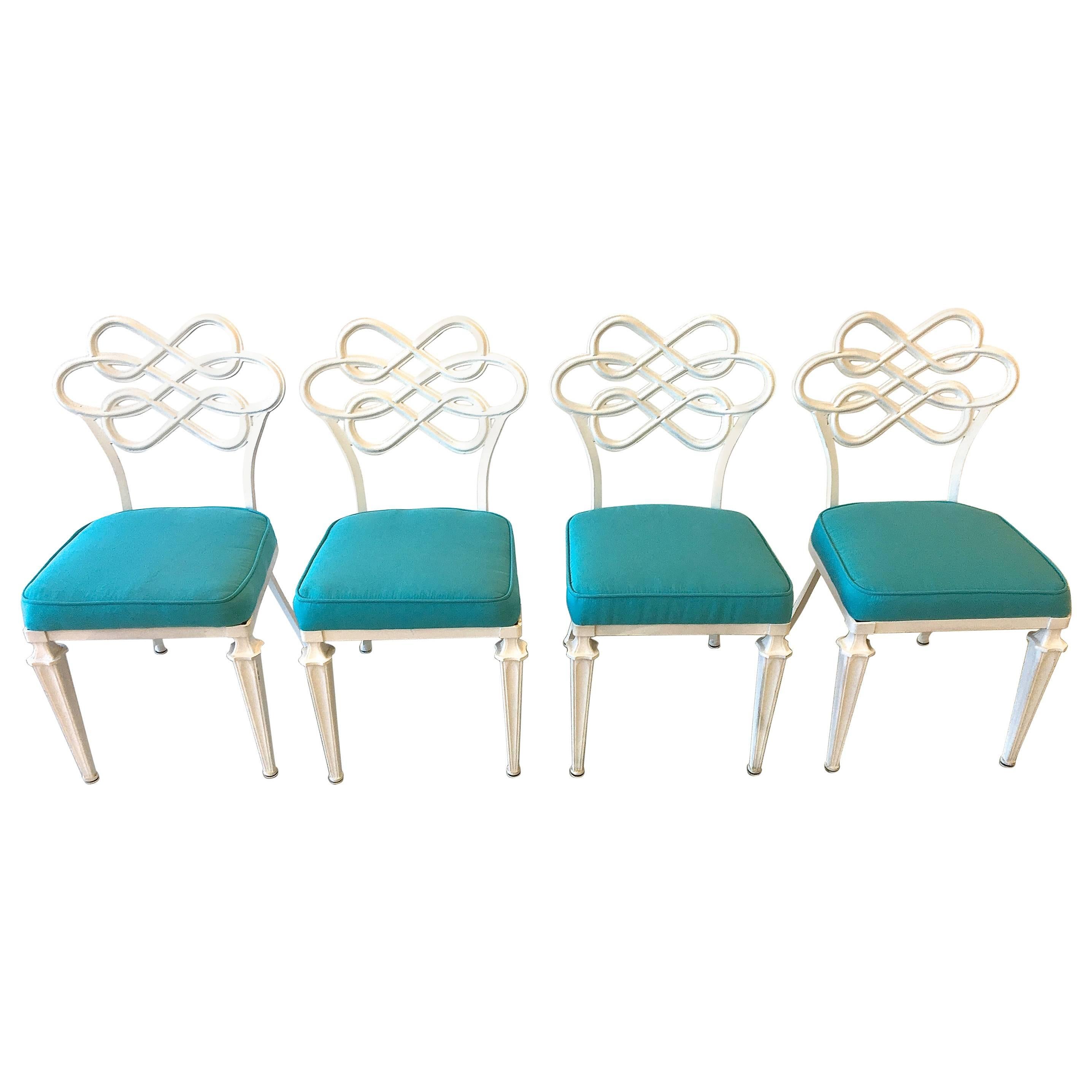 Mid-Century Modern Hollywood Regency four Dining Chairs in Aqua Sunbrella