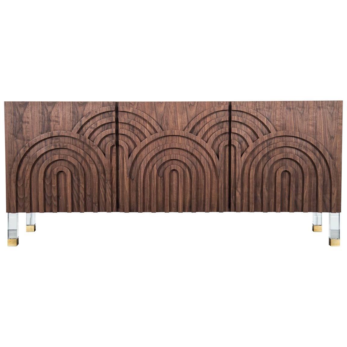 Art Deco Style Walnut Arches Credenza w/ Arch Detail and Lucite & Brass Legs For Sale