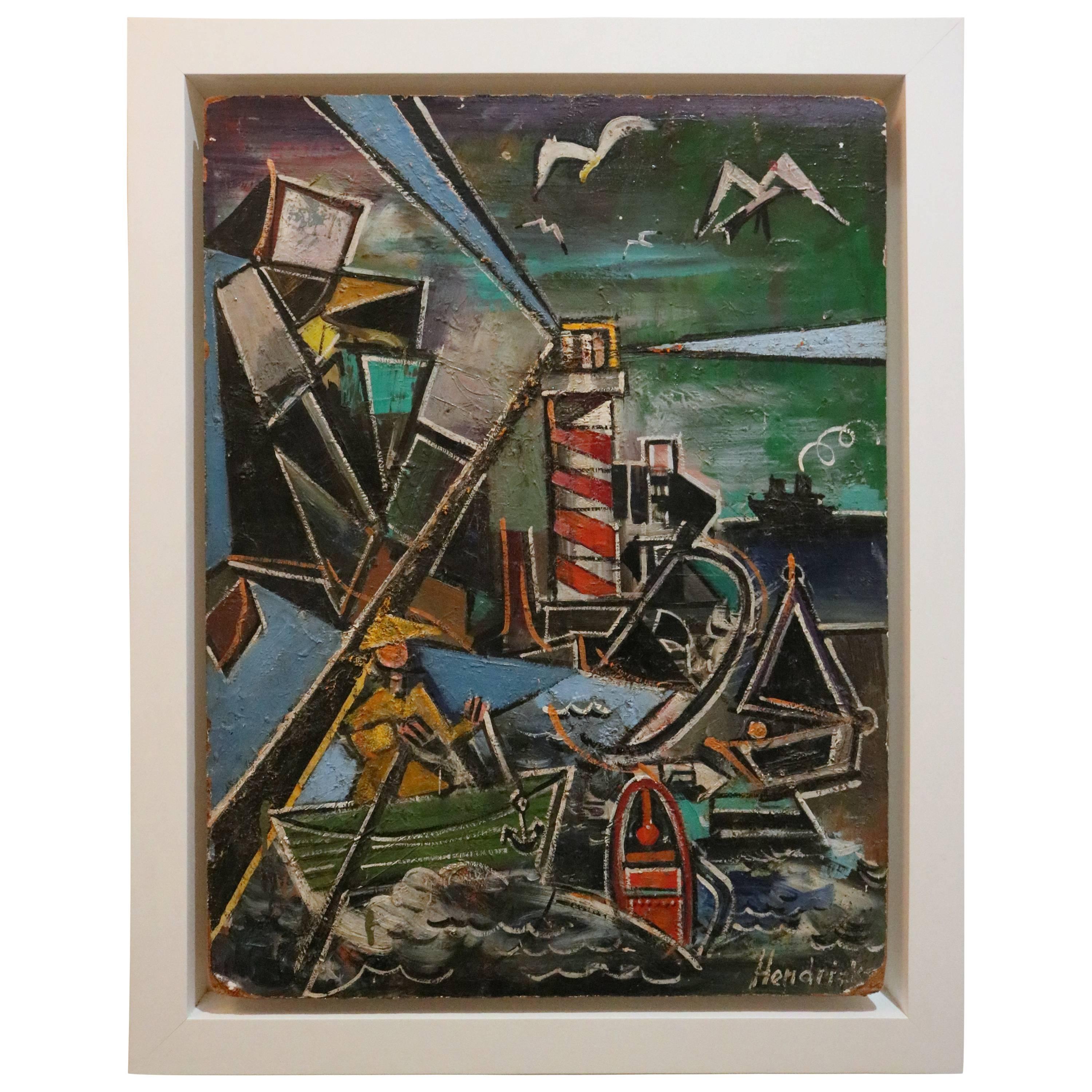 Acrylic on Board Art Deco/Cubist Painting of a Harbor Scene, American, 1930s