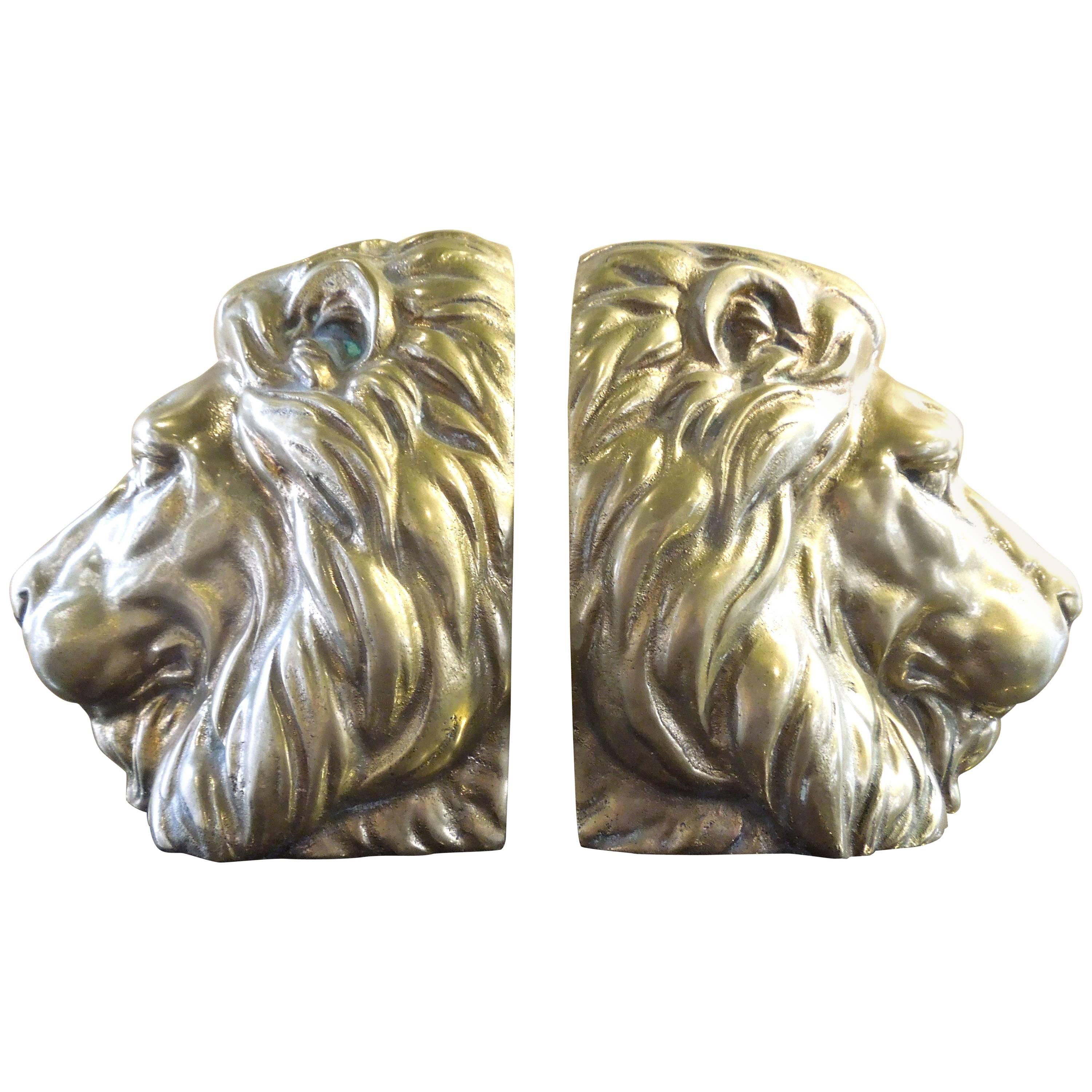 Solid Brass Lion Mid-Century Bookends