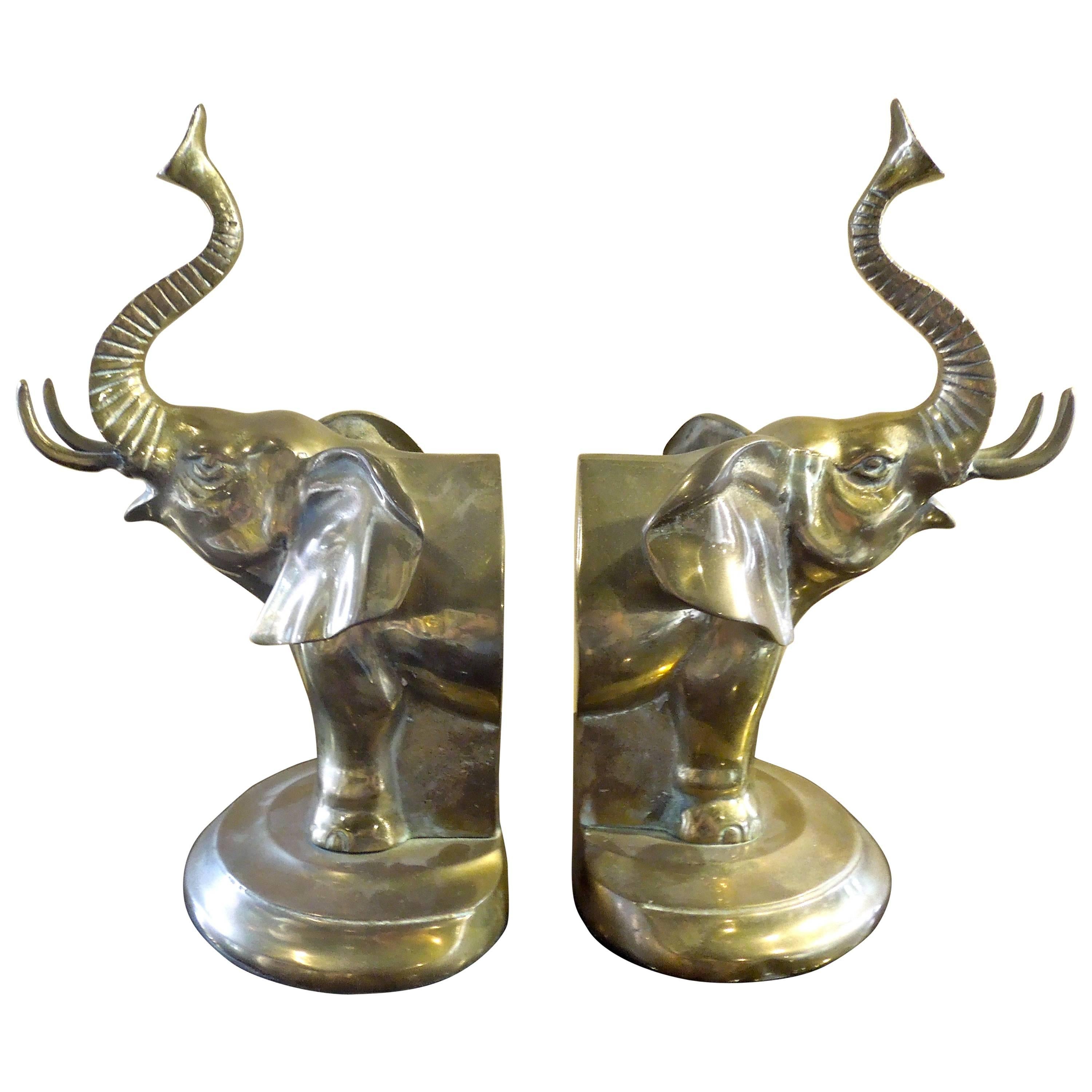 Mid-Century Brass "Good Luck" Elephant Bookends