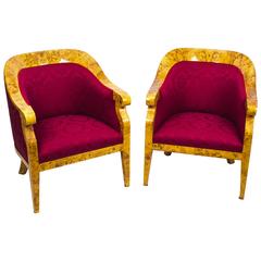 Vintage Pair of Birdseye Maple Art Deco Biedermeier Armchairs