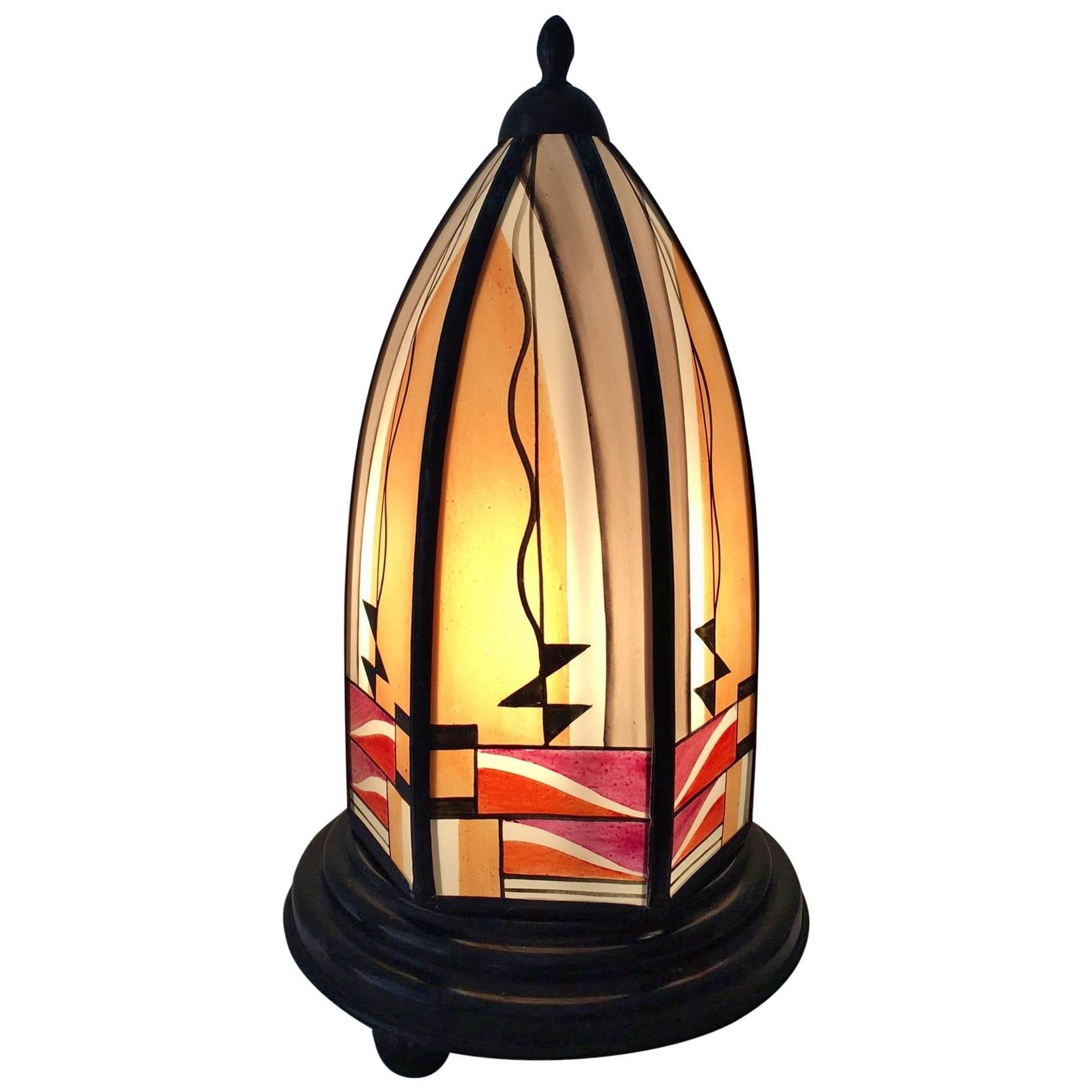 Amsterdam School Table Lamp, Enamelled Stained Milky Glass on Metal Base For Sale