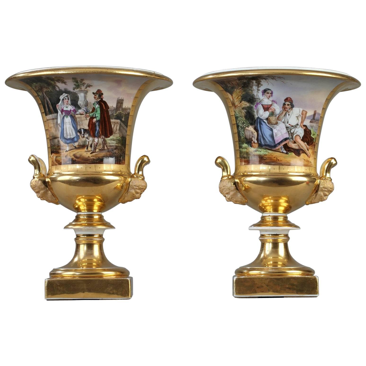 19th Century Pair of Porcelain Medici Vases with Views of Italy