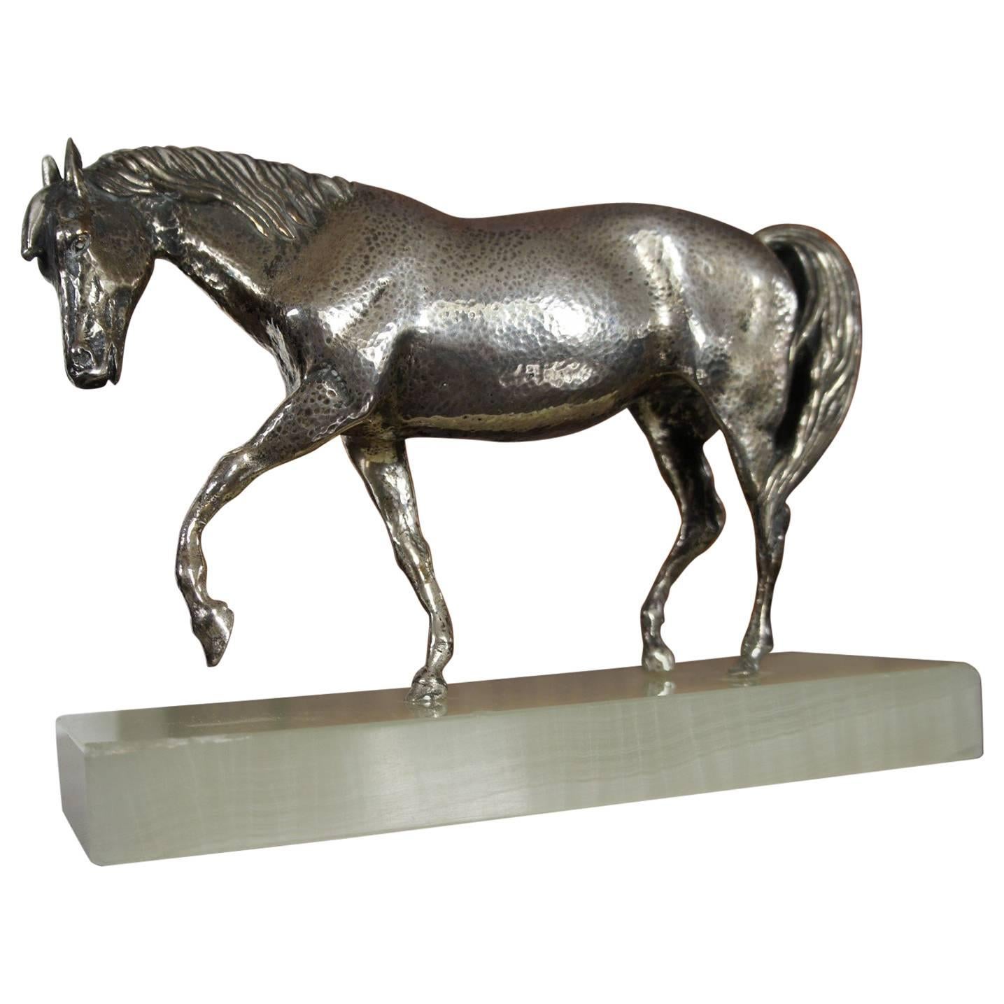 Mid-20th Century Silver Plated Bronze Horse Sculpture On A Green Onyx Base For Sale