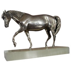 Vintage Mid-20th Century Silver Plated Bronze Horse Sculpture On A Green Onyx Base
