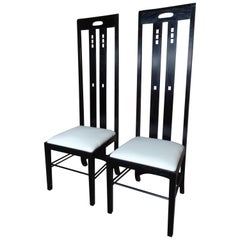 Art Nouveau Style Black Lacquer High Back Chairs, Labeled Macintosh