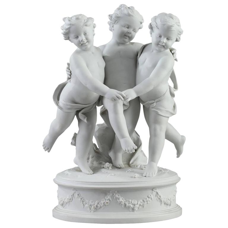 Late 19th Century Bisque Sculpture with Putti Signed Marion at 1stDibs