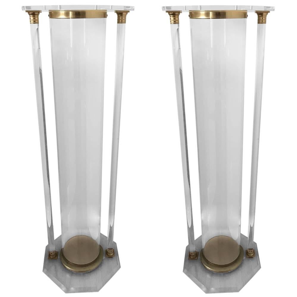 Pair of Mid-Century Modern Brass and Lucite Pedestals For Sale