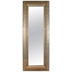Vintage Very Tall Metal Clad Rectangular Mirror with Cubist Motif in Silvery, White Gold
