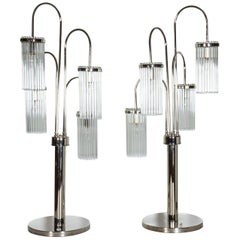 Retro Tall Pair of Polished Nickel and Glass Rod Modernist Table Lamps