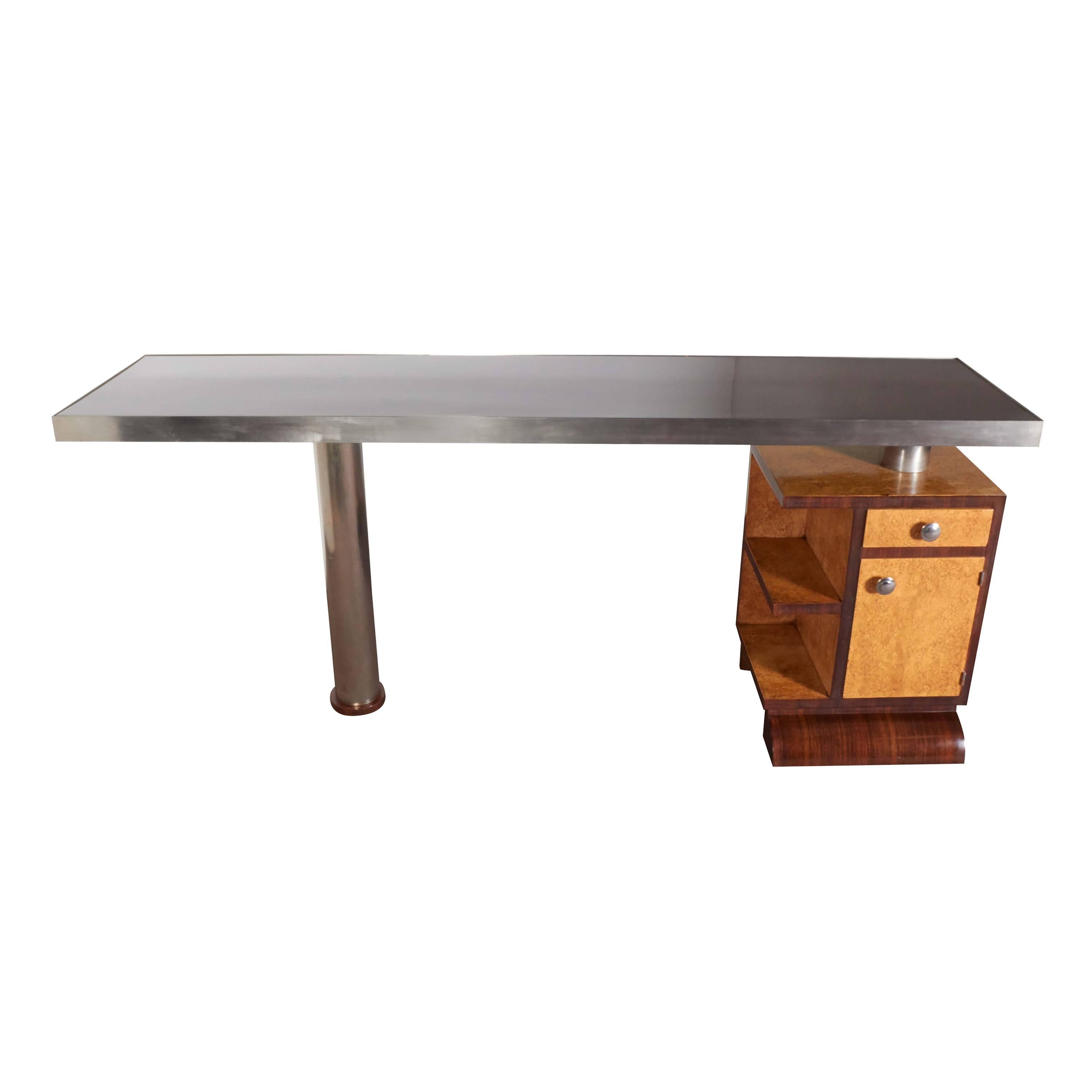 Schmaler modularer/ reversibler/ minimalistischer Schreibtisch in zweifarbigem Wood und Nickel im Angebot