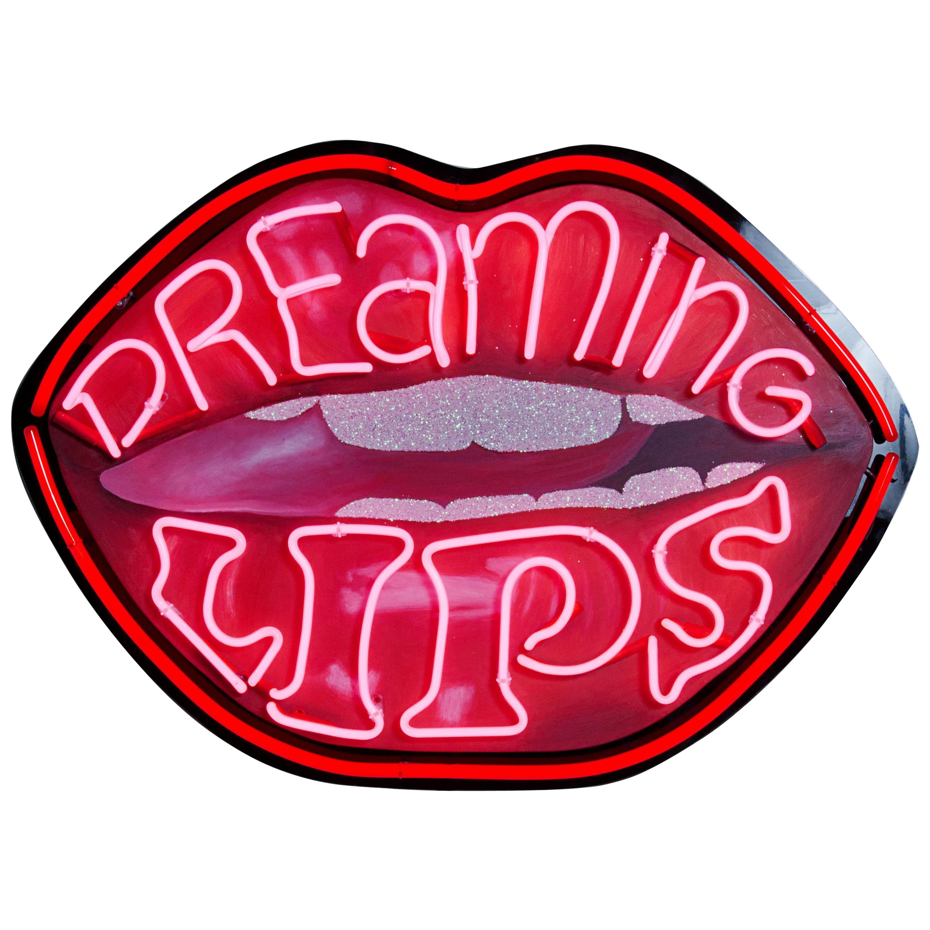 Dreaming Lips Neon on Hand-Painted Wooden Lips by Marcus Bracey For Sale