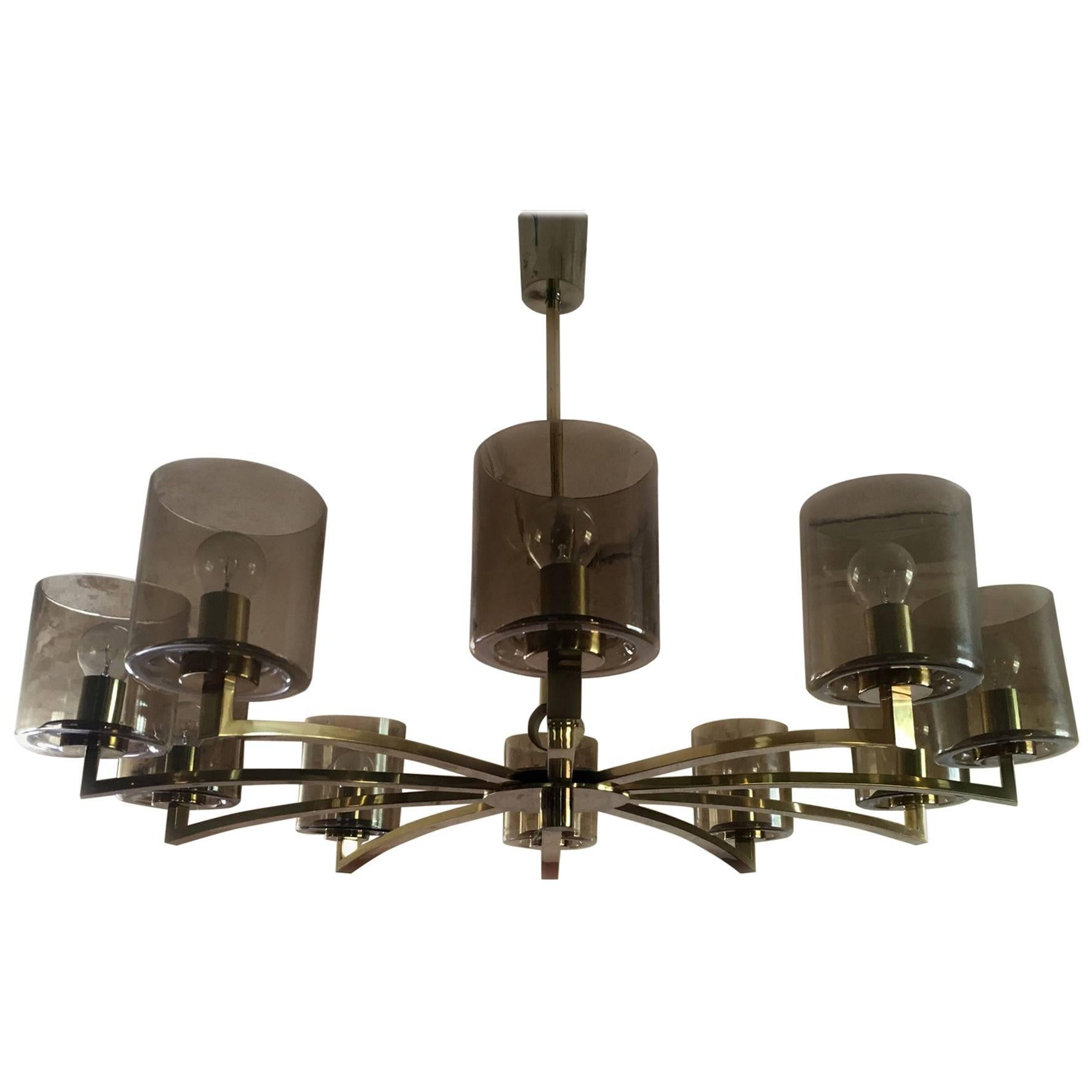 Ten-Light Mid-Century Design Brass and Smoked Glass Chandelier For Sale