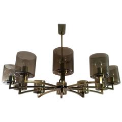 Ten-Light Mid-Century Design Brass and Smoked Glass Chandelier 6