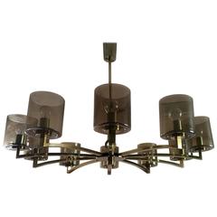 Ten-Light Mid-Century Design Brass and Smoked Glass Chandelier