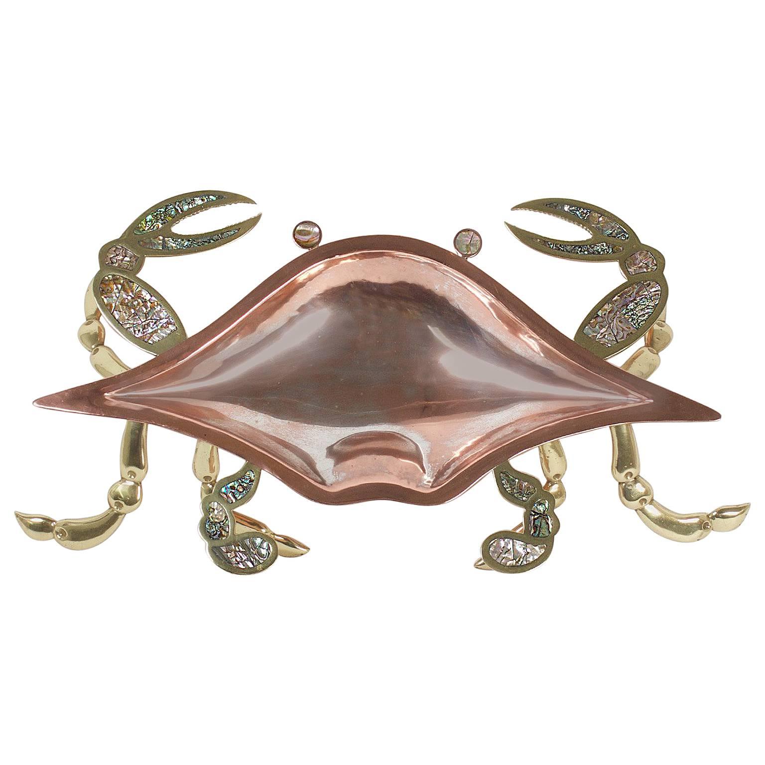 Mid Century Brass and Abalone Shell Crab Sculpture or Serving Dish For Sale