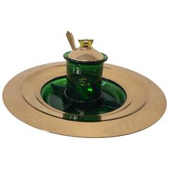 Vintage Mid-Century Modern Green Glass and Polished Brass Serving Piece, Three-Piece