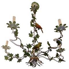 Vintage Whimsical French Iron and Tole Chandelier with Leaves and Birds