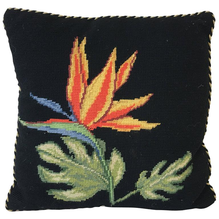 1920s Art Deco Black Needlepoint Pillow with Birds of Paradise Floral